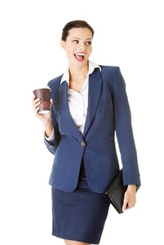 Business woman with cartoon mug - coffee time