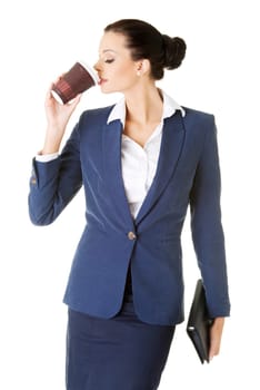 Business woman with cartoon mug - coffee time