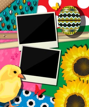 Scrapbook design, celebration card for Easter holidays with two vintage frames and various objects.