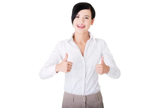 Happy smiling business woman with thumbs up, ok gesture