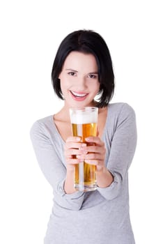 Beautiful happy woman with beer, isolated on white