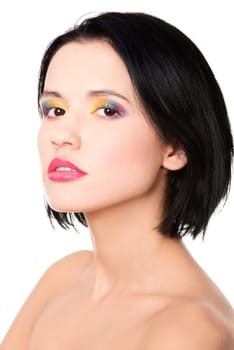 Beautiful sensual brunette with rainbow make up.