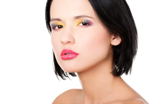 Beautiful sensual brunette with rainbow make up.