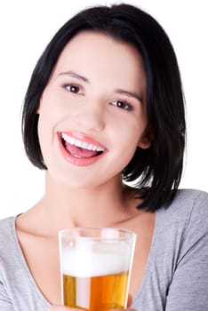 Beautiful happy woman with beer, isolated on white