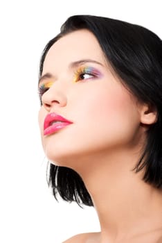 Beautiful sensual brunette with rainbow make up.