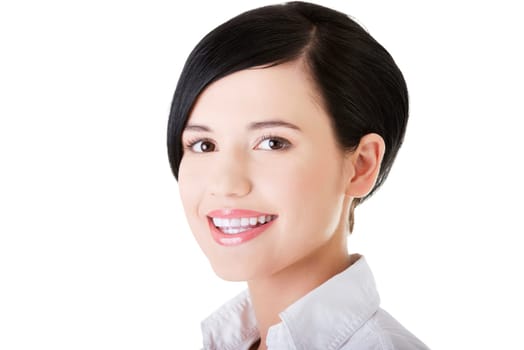 Young happy businesswoman portrait, isolated on white