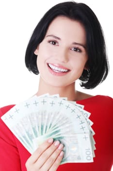 Cheerful young lady holding cash - polish zloty ( pln )