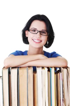 Young caucasian woman (student) with books , isolated on white