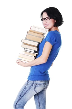 Young caucasian woman (student) with books , isolated on white