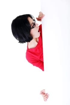 Shocked woman holding blank board, isolated on white