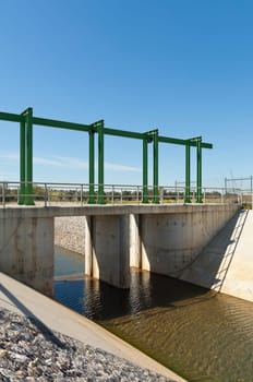 Almost finished sluice gate in the water diversion canal upstream the Alvito reservoir near Oriola village, part of the Alqueva Irrigation Plan, Alentejo, Portugal