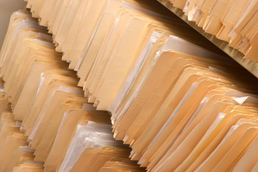 Rows of File Folders Arranged on Shelf with Client Data in Office Setting
