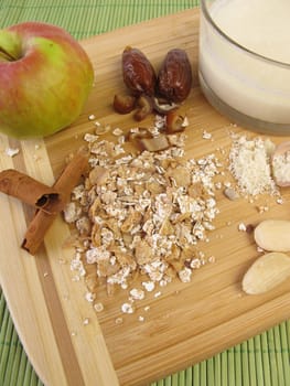 Breakfast with fruit muesli and almond milk