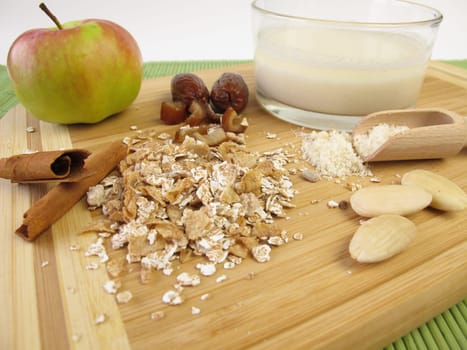 Breakfast with fruit muesli and almond milk
