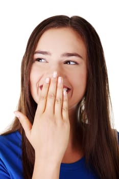 Woman covering mouth with hand,