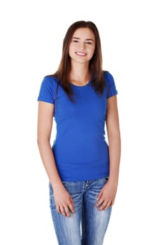 Happy young student woman, isoalted on white background
