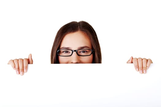 Portrait young happy woman with blank board , isoalted on white