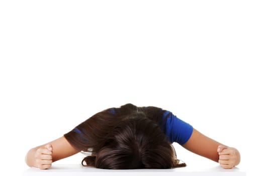 Young sad teen woman, have big problem or depression, over white background