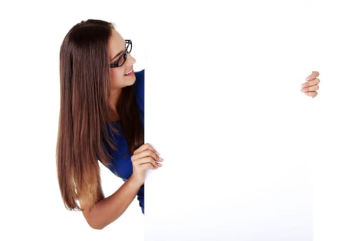 Portrait young happy woman with blank board , isoalted on white