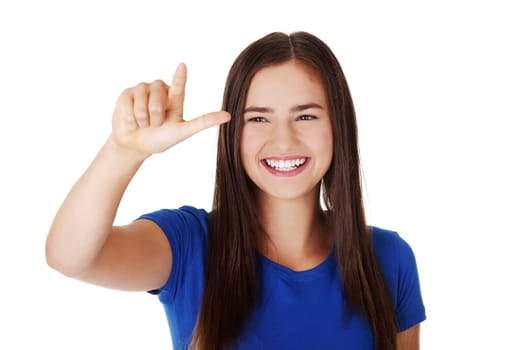Young beautiful woman making choose on abstract screen
