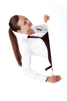 Waitress in elegant shirt and apron holding blank board