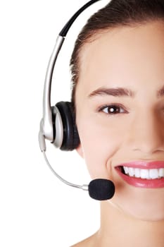 Beautiful young call-center assistant smiling , isolated