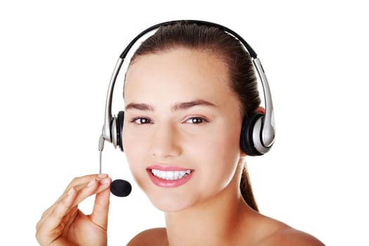 Beautiful young call-center assistant smiling , isolated