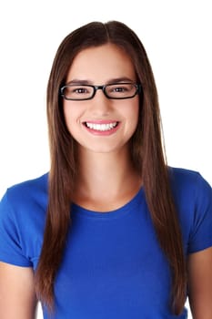 Happy young student woman, isoalted on white background