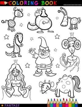 Coloring Book or Page Cartoon Illustration of Queen, Princess, Dwarf or Gnome, Creatures and Dragon Fairytale Fantasy Characters