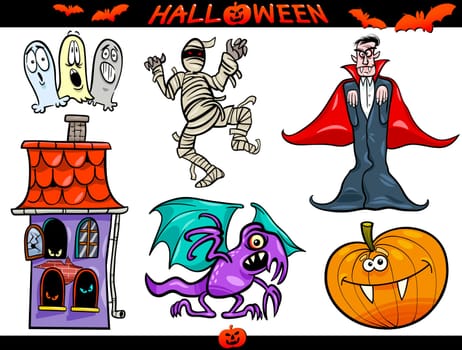 Cartoon Illustration of Halloween Holiday Themes, Vampire or Count Dracula, Mummy, Haunted House, Basilisk or Monster, Pumpkin and Ghosts