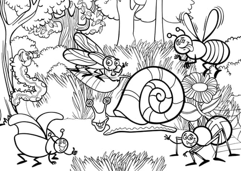 Black and White Cartoon Illustration of Funny Insects or Bugs on the Meadow Natural Rural Background Scene for Coloring Book