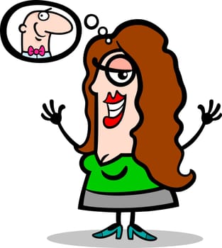 Cartoon Illustration of Happy Woman in Love Thinking about Man