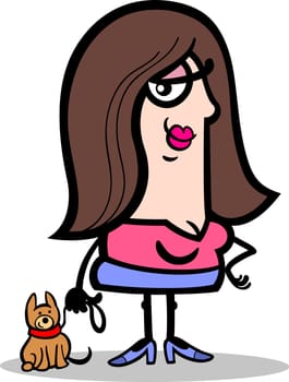 Cartoon Illustration of Happy Woman with Dog or Puppy