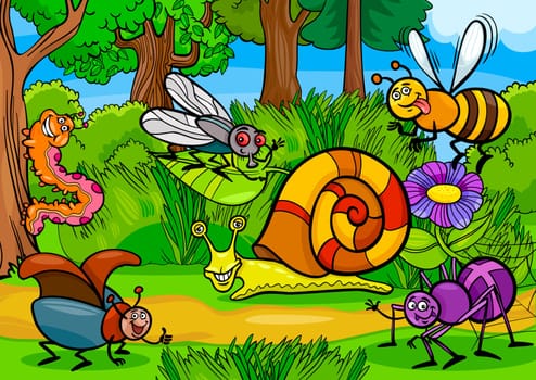 Cartoon Illustration of Funny Insects or Bugs on the Meadow Natural Rural Background Scene