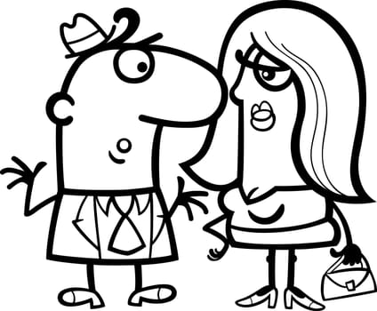 Black and White Cartoon Illustration of Funny Man and Woman Couple Talking for Coloring Book
