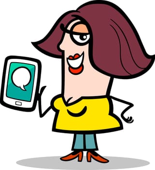 Cartoon Illustration of Happy Woman with Message on her Tablet Pc Device