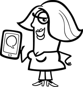 Black and White Cartoon Illustration of Happy Woman with Message on her Tablet Pc Device