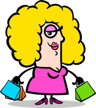 Cartoon Illustration of Happy Woman with Shopping Bags