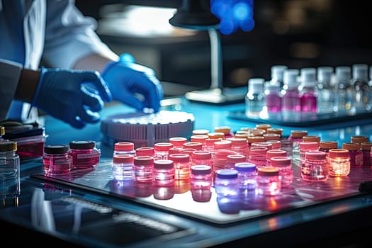 a person working in a lab with many vials on the table and one hand holding a glass bottle filled with liquid