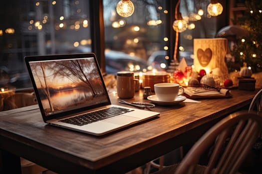 a laptop computer sitting on a wooden table in front of a window with christmas lights hanging from the windows behind