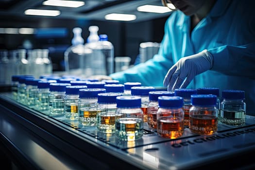 laboratory equipment being used to test the quality of liquids on a convey in a large room with blue lights