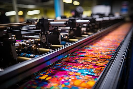 an industrial printing machine with many colors on the conveyormn in a factory, close - up to showrooms