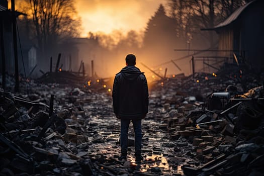 a man standing in the middle of a devastated neighborhood at sunset, with debris scattered on the ground and buildings all around him
