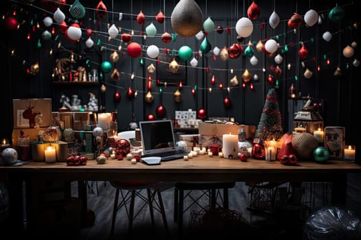 an office decorated for christmas with lights and decorations hanging from the ceiling, on a wooden table in front of a laptop