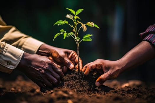two people holding hands and planting a plant in the ground, with one person's hand on the ground