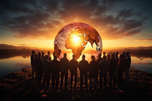 people standing in front of a globe with the sun setting behind them, all looking at each other men and women