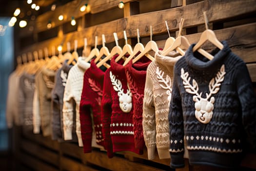 christmas sweaters hanging on a wooden wall with lights in the background and an image of a deer wearing a reindeer's head