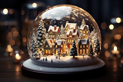 a snow globe in the shape of a house with christmas trees and lights behind it on a dark wooden table