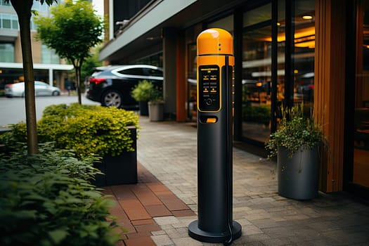 a parking meter on the side of the street in front of a building with plants and bushes growing along it