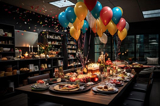 a table set for a birthday party with balloons in the air and cons flying from the candles on it